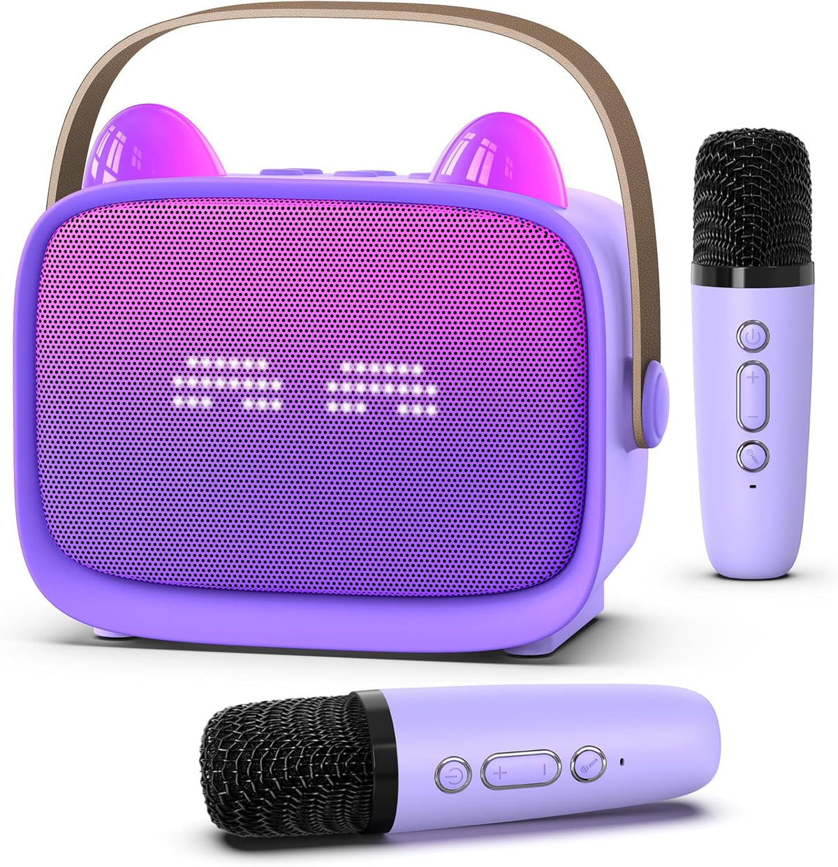 Mgaolo - Máquina de karaoke mini mejorada para niños, altavoz Bluetooth portátil con 2 micrófonos inalámbricos, emoji y luces LED coloridas, regalos para jugar en casa, viajes y fiestas para niños y