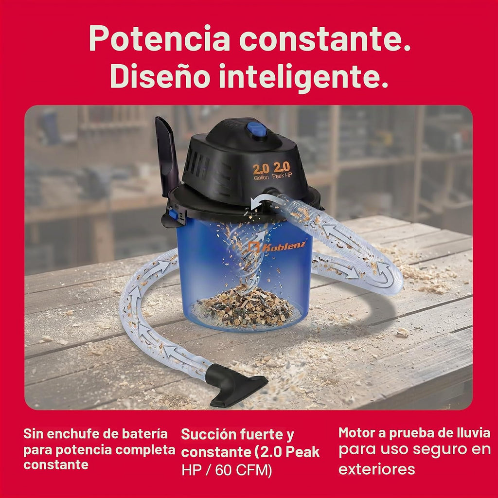 Aspiradora Koblenz WD-2L Wet Dry, para Casa, Auto, Garaje y Taller, 2.0 HP