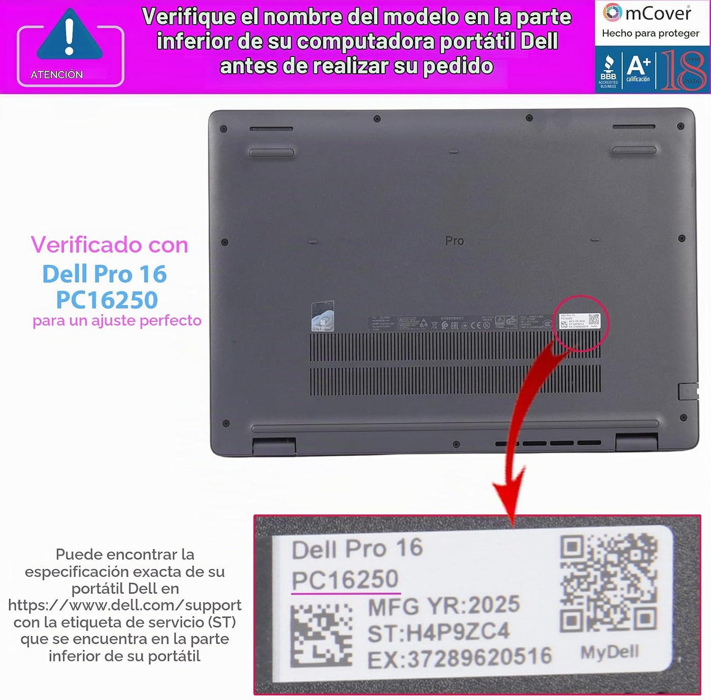 mCover Funda solo compatible con PC Dell Pro 16 PC16250 \/ PC16255...