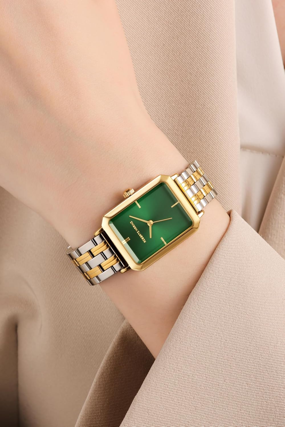 Roberto Marino RM1982 Reloj de Lujo para Mujer Rectangular en Oro – Movimiento de Cuarzo Japonés, Diseño Vintage de Acero Inoxidable, Esfera Plateada, Elegante Pieza de Vestir, Resistente al Agua 3ATM