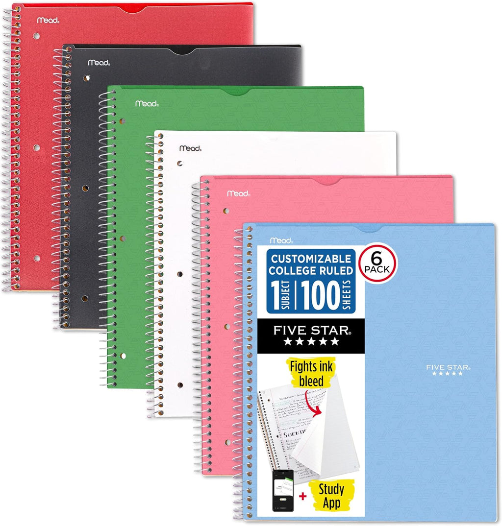 Five Star Cuaderno de espiral + aplicación de estudio, paquete de 6, 1 materia, papel rayado universitario de 8.5 x 11 pulgadas, 100 hojas, combate el sangrado de tinta, cubierta personalizable