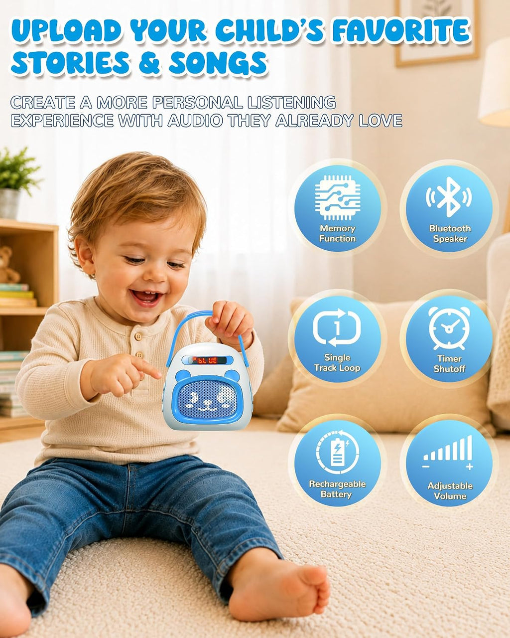Reproductor de música portátil para niños pequeños, historias precargadas canciones de cuna y ruido blanco, mini reproductor MP3 para niños pequeños con altavoz Bluetooth, máquina de sonido de