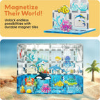PicassoTiles Azulejos Magnéticos Bloques de construcción magnéticos para acuario, juego temático de animales marinos con 8 figuras de acción de personajes, tiburón, cangrejo, tortuga, juguetes STEM