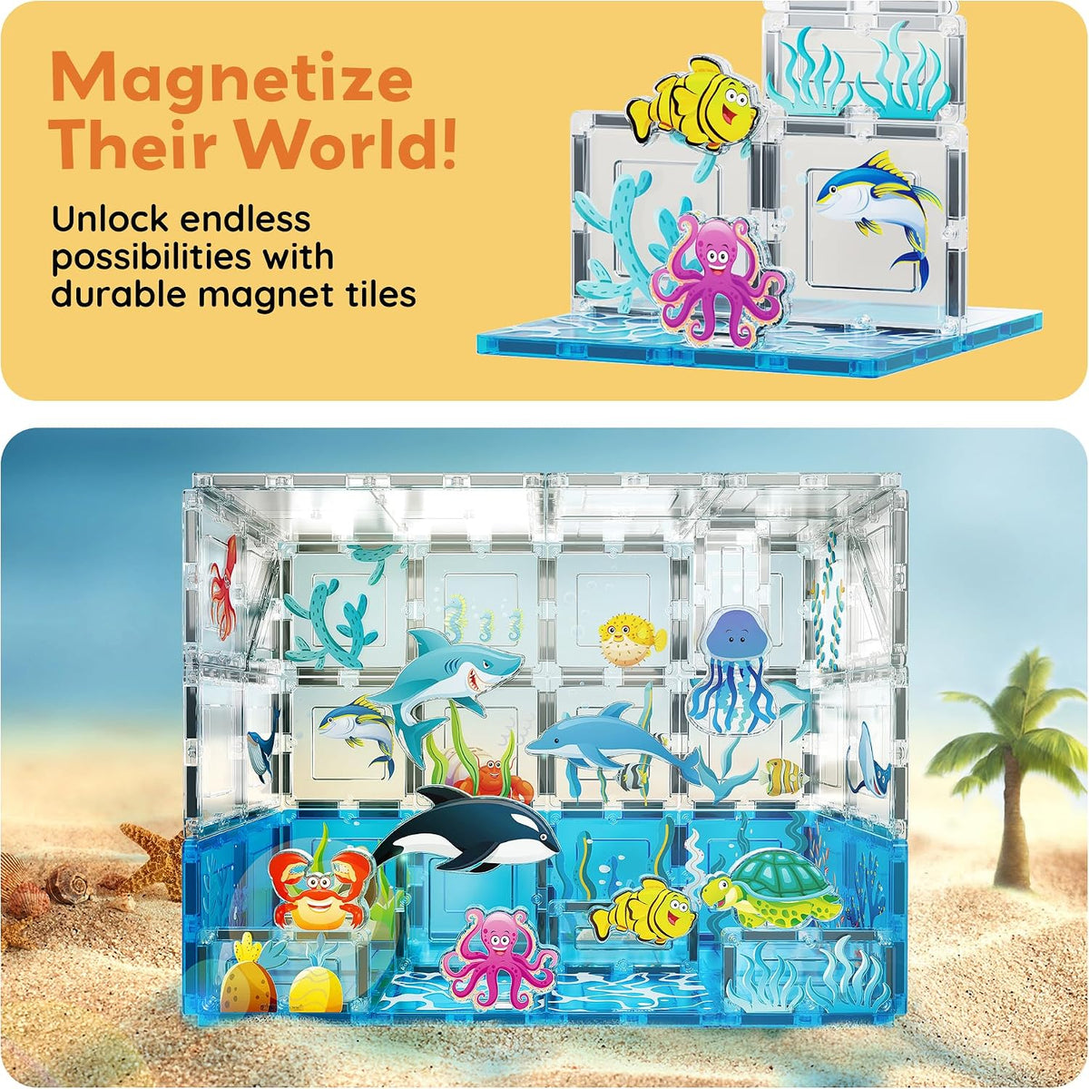 PicassoTiles Azulejos Magnéticos Bloques de construcción magnéticos para acuario, juego temático de animales marinos con 8 figuras de acción de personajes, tiburón, cangrejo, tortuga, juguetes STEM