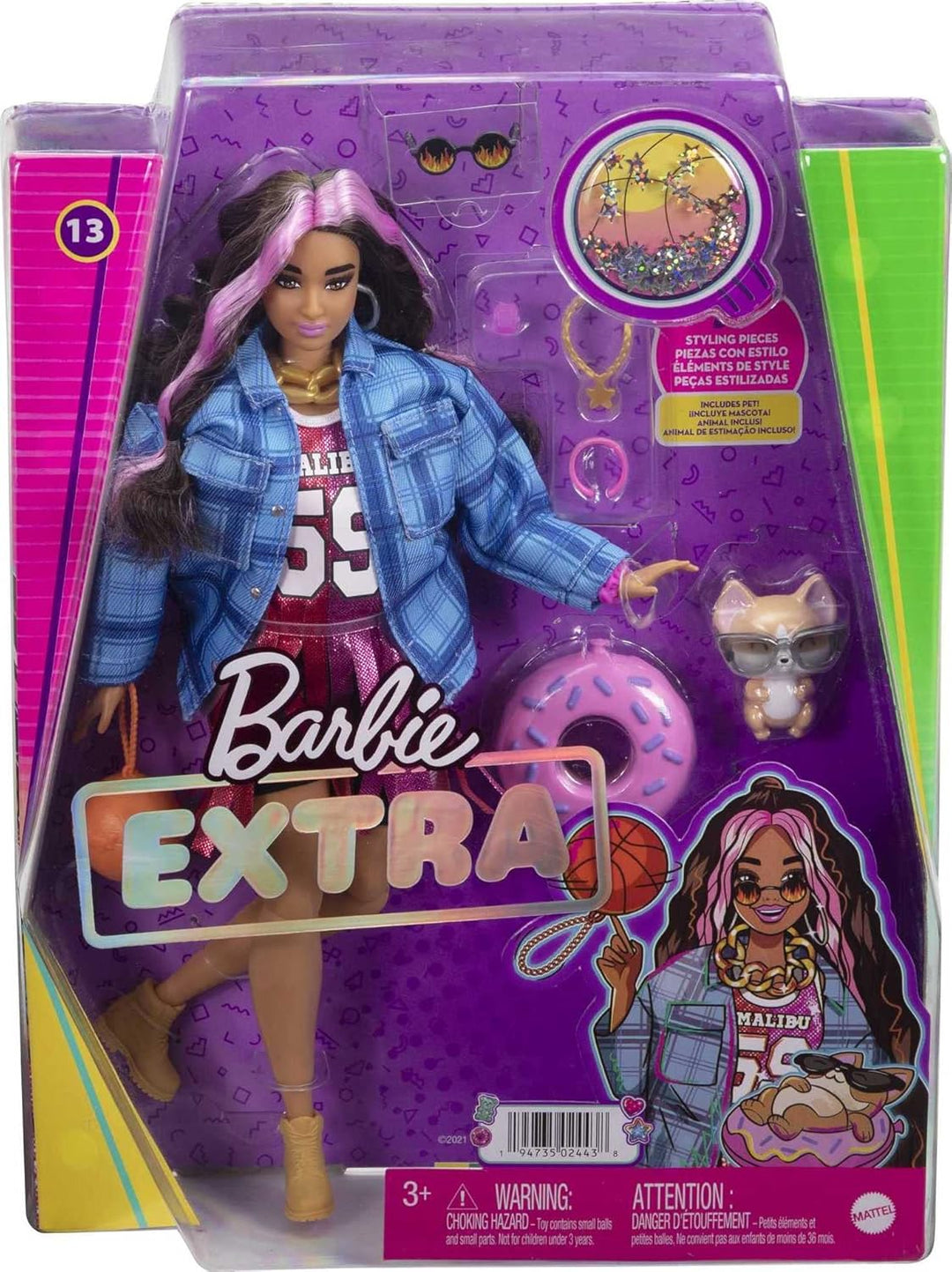 Muñeca Barbie Extra y accesorios con pelo rosa engarzado y rizado e...