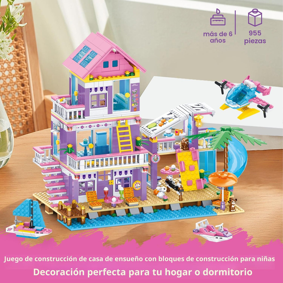 Juego de construcción de casa de playa de 955 piezas, juguetes de construcción de villas junto al mar, juego de bloques de choza de vacaciones, juguetes de construcción STEM con helicóptero, yate, velero, regalo de cumpleaños de Navidad para niñas de 6 a