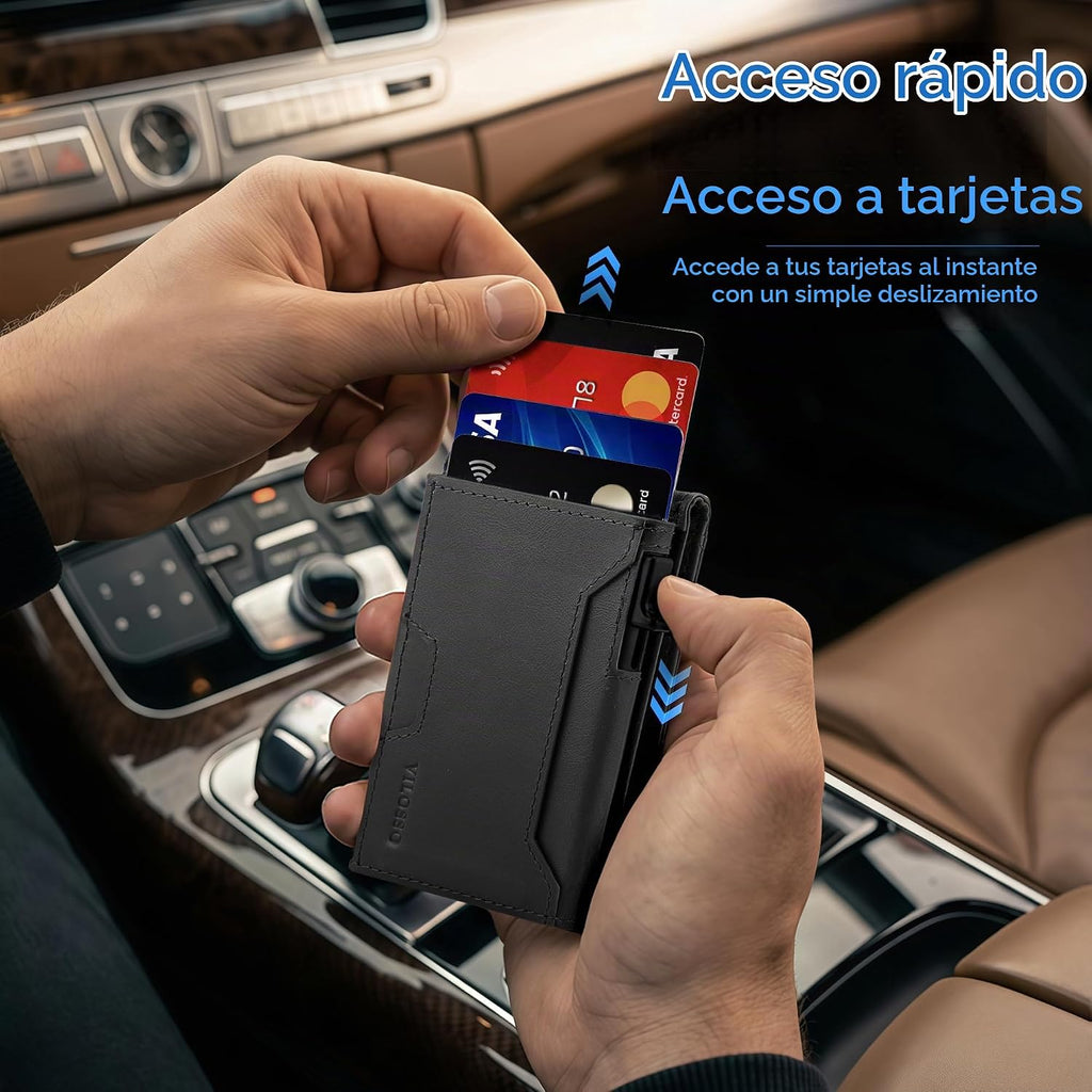 Cartera desplegable de cuero genuino para hombre, soporte delgado y plegable de aluminio con bloqueo RFID, con ventana de identificación, billetera minimalista con bolsillo frontal, con