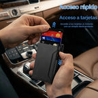 Cartera desplegable de cuero genuino para hombre, soporte delgado y plegable de aluminio con bloqueo RFID, con ventana de identificación, billetera minimalista con bolsillo frontal, con