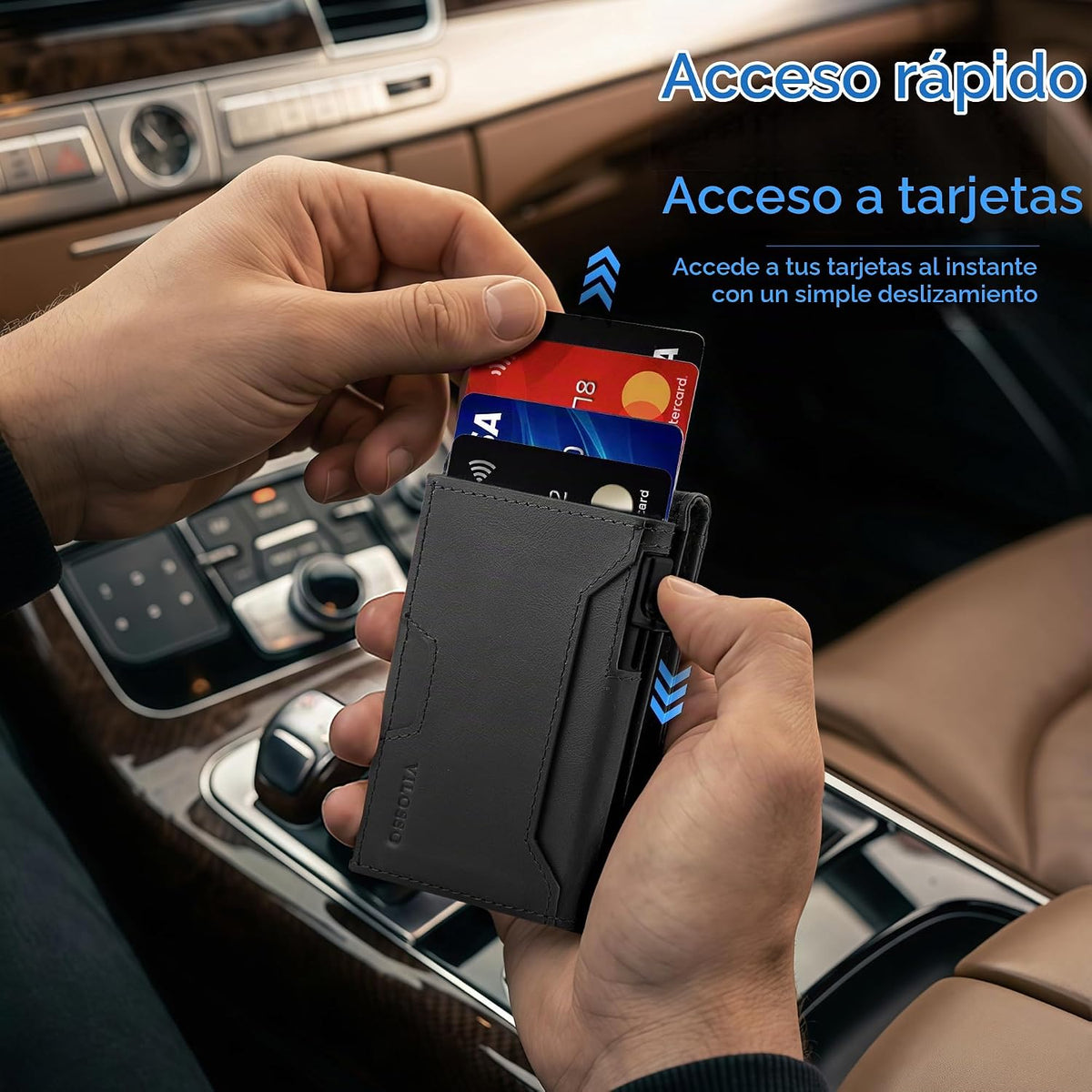 Cartera desplegable de cuero genuino para hombre, soporte delgado y plegable de aluminio con bloqueo RFID, con ventana de identificación, billetera minimalista con bolsillo frontal, con