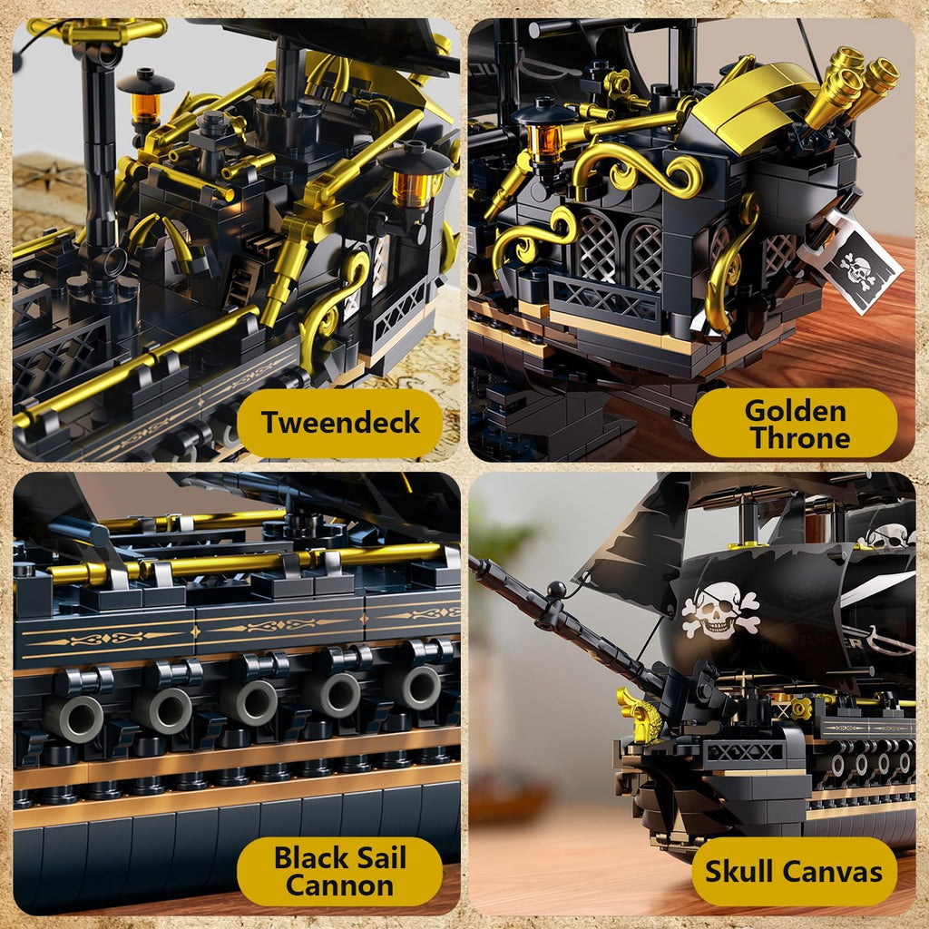 Juego de bloques de construcción de barco pirata, juguetes de barco pirata negro, 3 mástiles, kit de modelo clásico de barco de vela con soporte de exhibición, regalos de cumpleaños para adultos, niños, hombres, adolescentes y niños de 8 a 12 (801