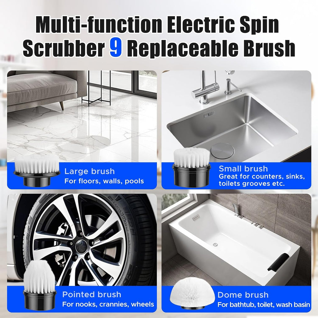Limpiador eléctrico giratorio, limpiador de baño, cepillo limpiador de ducha inalámbrico, 9 cabezales de cepillo reemplazables, 2 velocidades ajustables, batería de 2000 mAh, para ducha