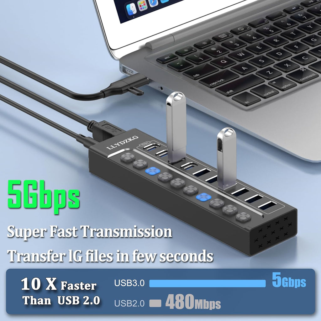 LLYDZKG, LLY-U801, hub USB 3.0 de 10 puertos, alimentado, adaptador 12V/3A
