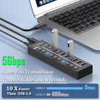 LLYDZKG, LLY-U801, hub USB 3.0 de 10 puertos, alimentado, adaptador 12V/3A