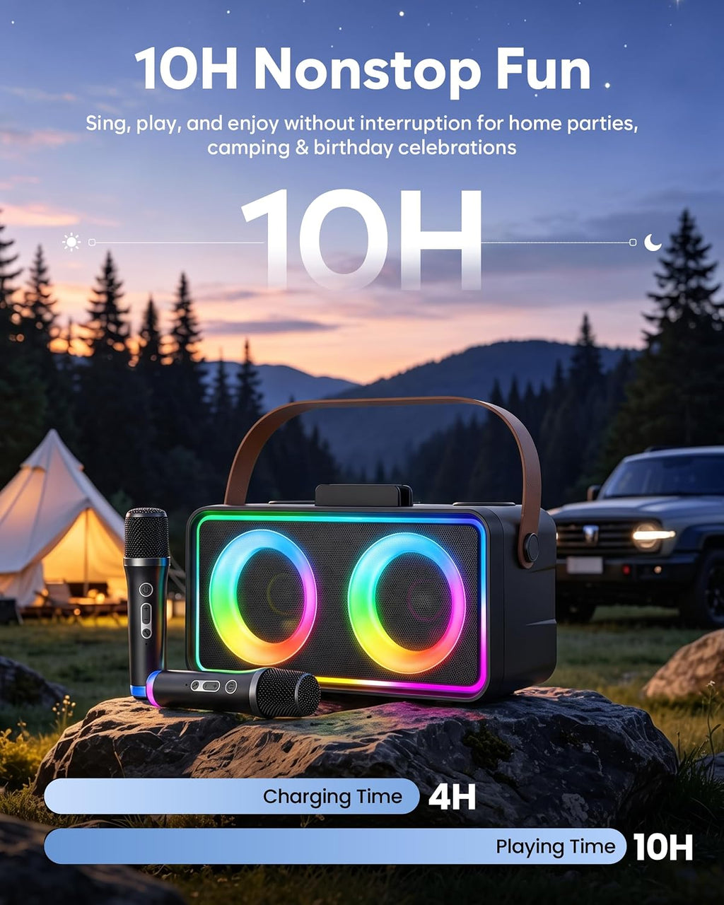 Máquina de karaoke, altavoz portátil Bluetooth con 2 micrófonos