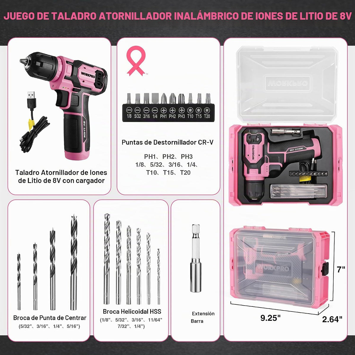 WORKPRO Juego de brocas de perforación rosa para taladro eléctrico para mujeres, juego de 8V