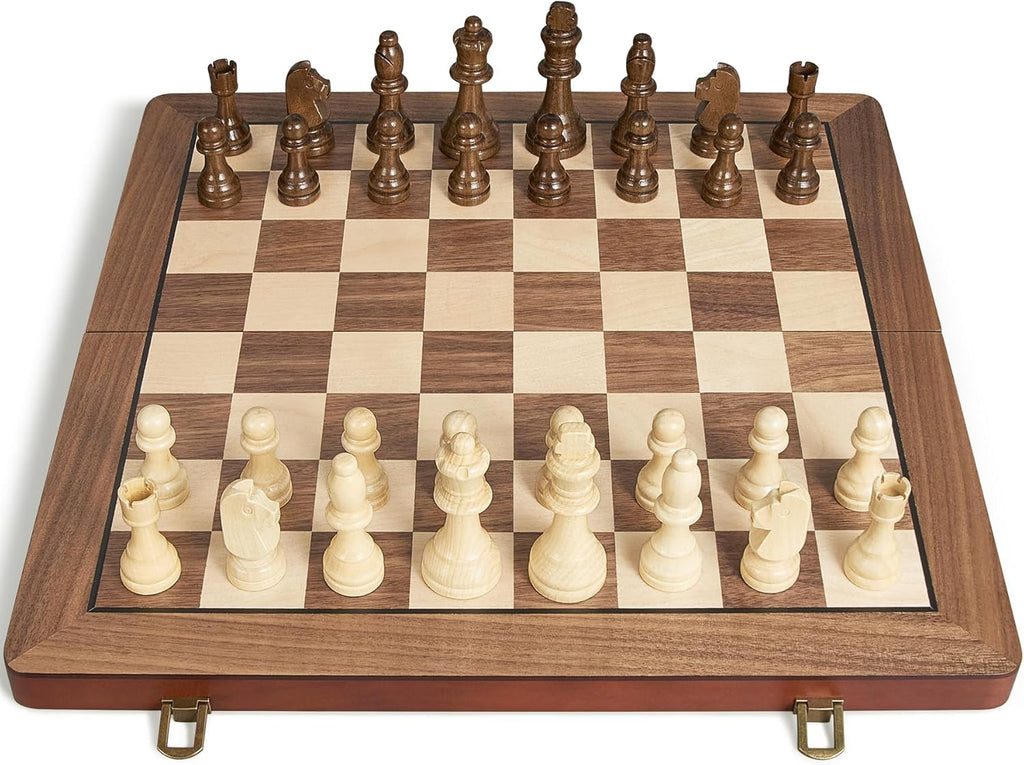 Juego de ajedrez magnético de madera de 17 pulgadas para adultos y niños, juegos de mesa de ajedrez con piezas magnéticas y reinas adicionales, juegos de ajedrez plegables portátiles grandes y únicos