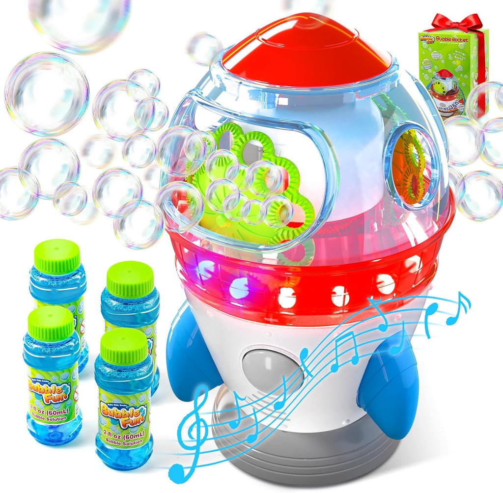 Máquina de burbujas en forma de cohete para niños y bebés con luces y música