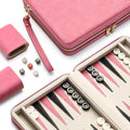 Juegos de backgammon para adultos, juego de mesa clásico con estuche de backgammon plegable de cuero sintético, juego de backgammon portátil de viaje (rosa)