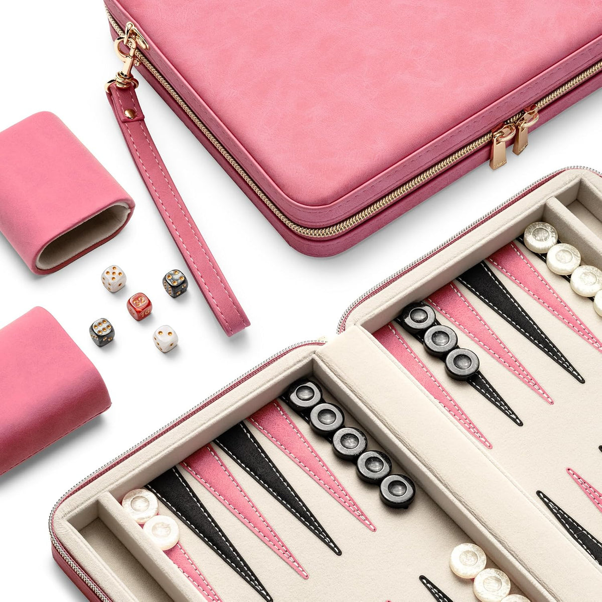 Juegos de backgammon para adultos, juego de mesa clásico con estuche de backgammon plegable de cuero sintético, juego de backgammon portátil de viaje (rosa)