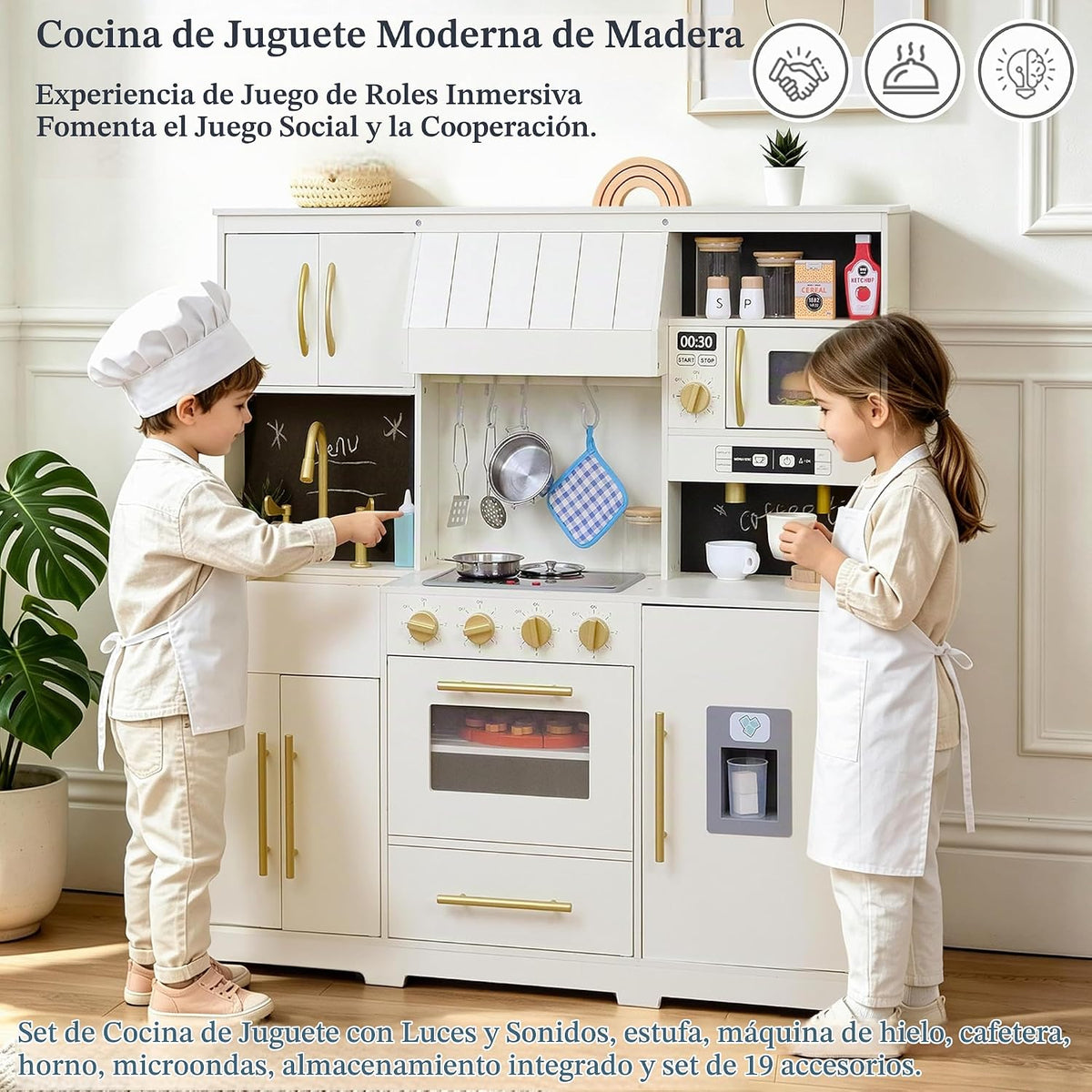 Cocina de madera para niños con luces y sonidos, diseño moderno