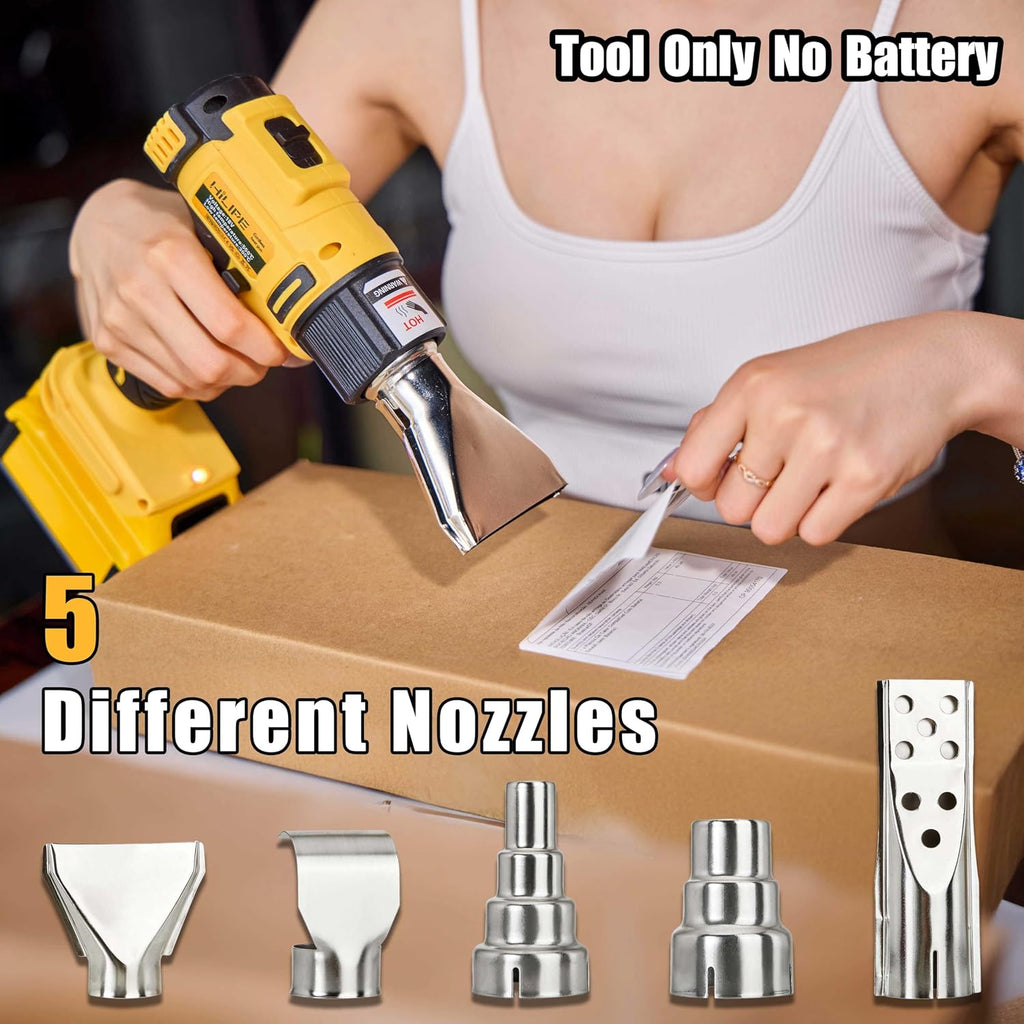 Pistola de calor inalámbrica para batería DeWALT 20v, pistola de aire caliente de litio, 5 accesorios de boquilla, configuración de 2 temperaturas máx. 1022°F (550°C), pistola de calor para