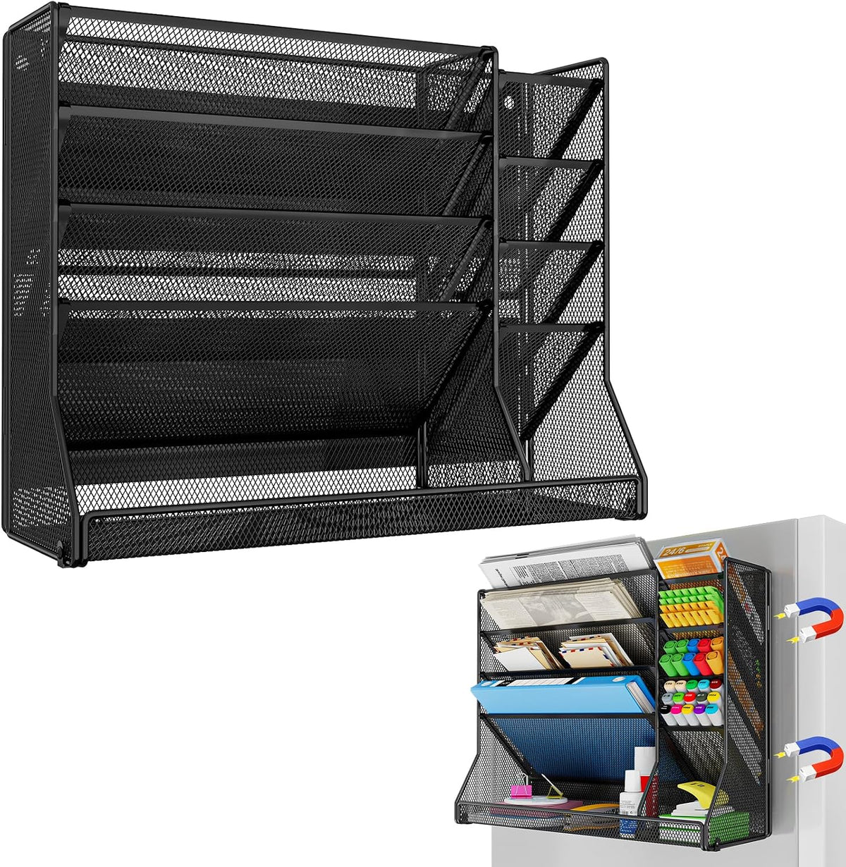 Organizador de archivos magnético de 5 niveles, base en forma de R, para colgar en la pared, color negro