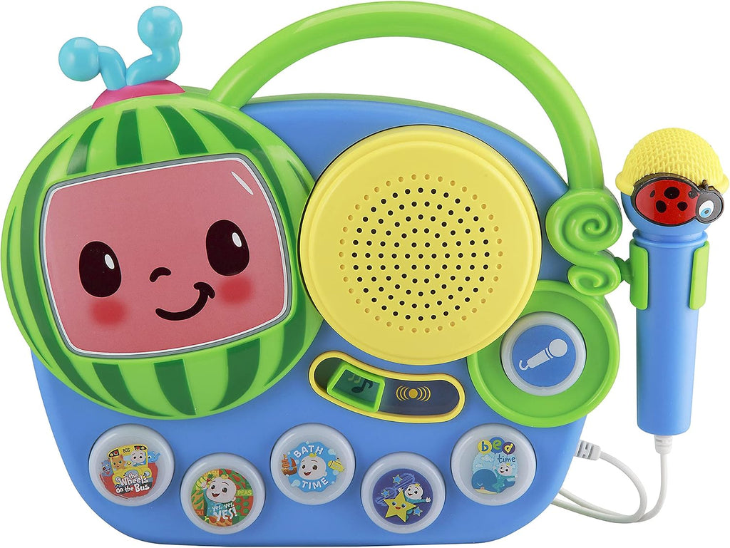 eKids Cocomelon Juguete Singalong Boombox con micrófono y música incorporada, juguetes para niños pequeños para fanáticos de los regalos de Cocomelon