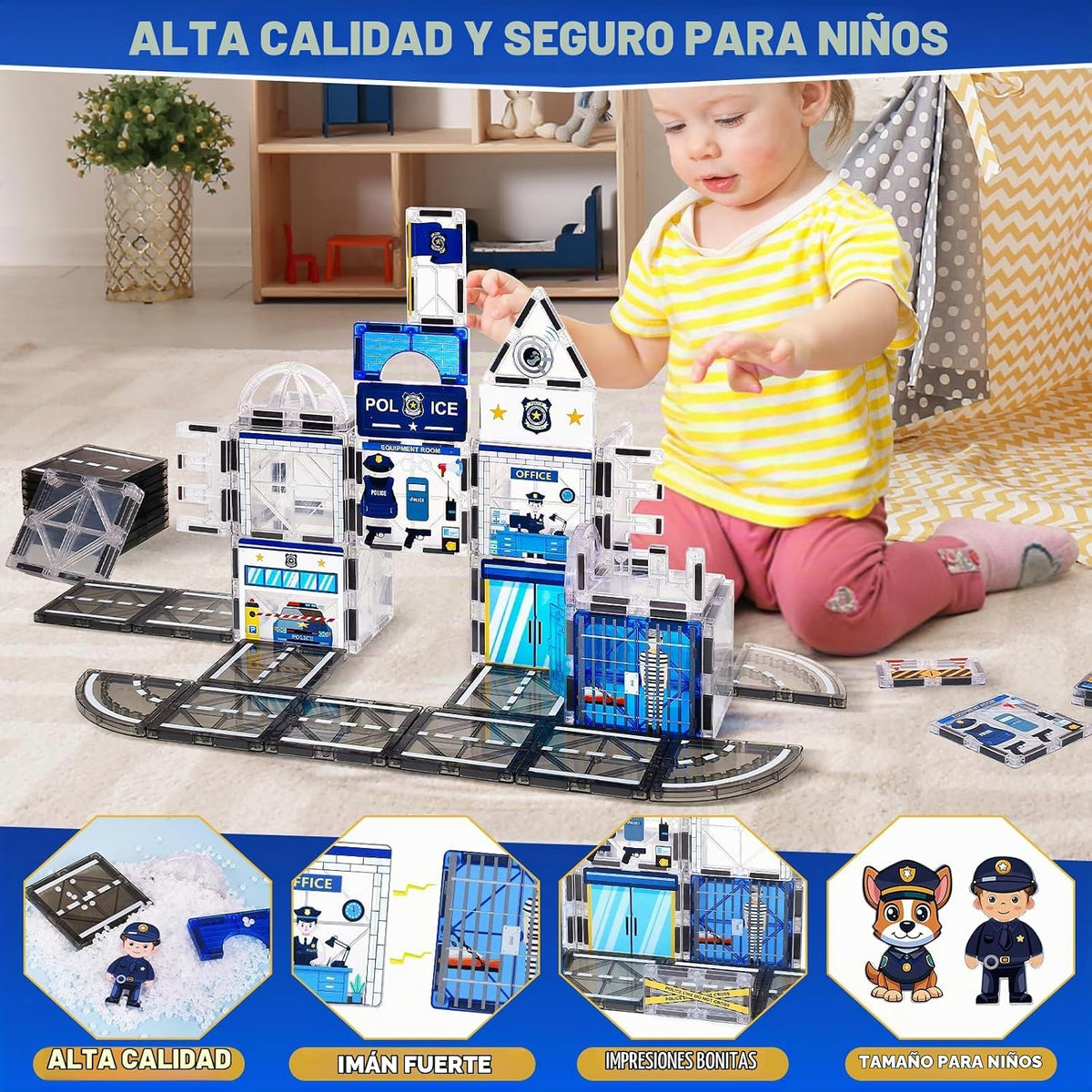 60PCS Police Station Magnetic Tiles Construction Set con 6 Magnetic Dolls