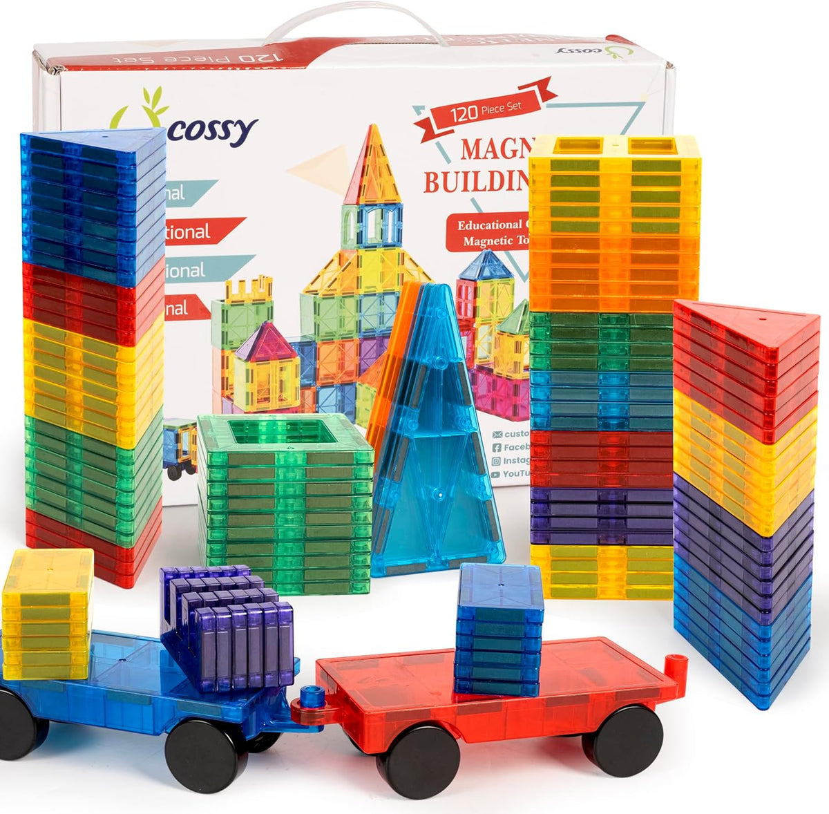 cossy Juego de 120 azulejos magnéticos, bloques magnéticos 3D con 2 coches