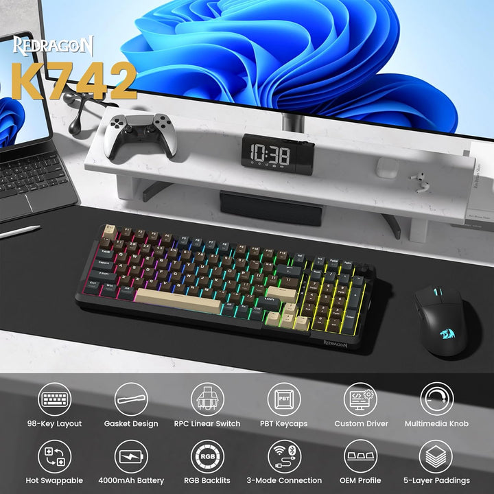 Redragon K742 Teclado mecánico inalámbrico para juegos con perilla,...