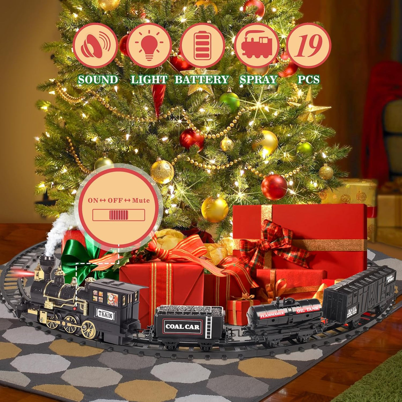 BainGesk Juego de tren de Navidad con vapor luces y