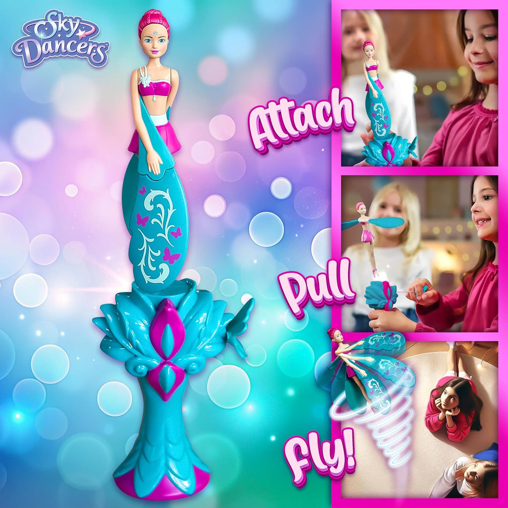 Sky Dancers Muñeca voladora, juguete de tirar, sin baterías, brillo turquesa