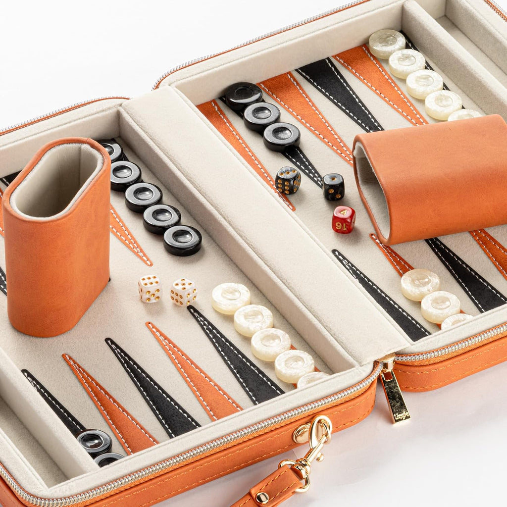 Juegos de backgammon para adultos y niños, tablero clásico de backgammon con dados de damas únicos, funda plegable de piel sintética de backgammon (naranja)