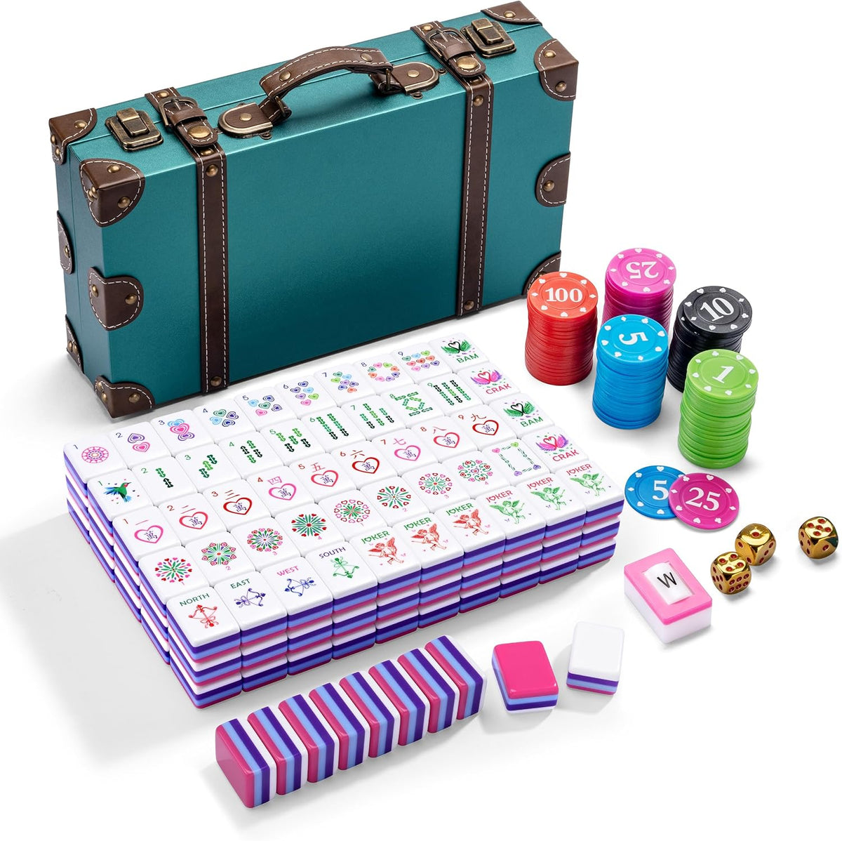 Love American Pink Mahjong - Juego de 160 azulejos tallados acrílicos coloridos de 4 capas, diseño de corazón, funda de viaje portátil de cuero clásico vintage, 3 dados dorados, 100 fichas