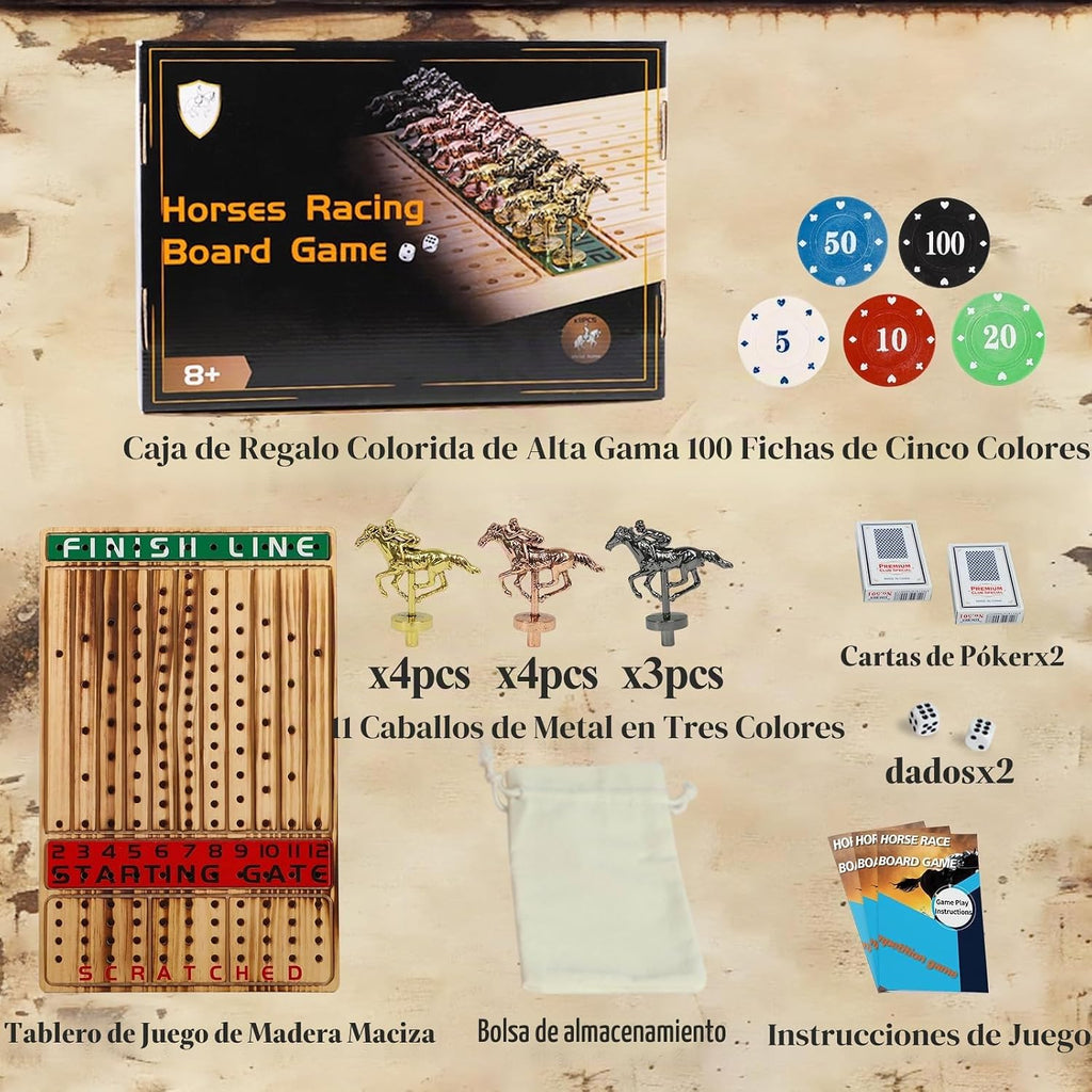 HOROW Juego de mesa de carreras de caballos, juego de cartas de carreras de caballos de madera maciza y juego de mesa de dados edición de lujo con 11 caballos de metal, 100 fichas de póquer, 2 dados y 2 cajas de cartas