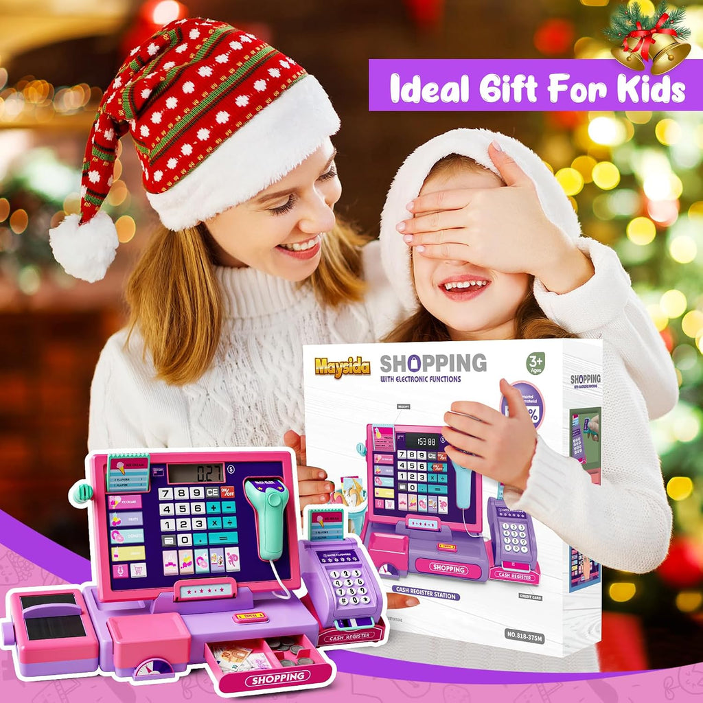 Juguete de caja registradora mejorado para niños y niñas, regalo de juego de simulación | Registro de cajero de juego de simulación con accesorios de tienda, calculadora de caja registradora con escáner/tarjeta de crédito (morado)