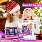 Juguete de caja registradora mejorado para niños y niñas, regalo de juego de simulación | Registro de cajero de juego de simulación con accesorios de tienda, calculadora de caja registradora con escáner/tarjeta de crédito (morado)