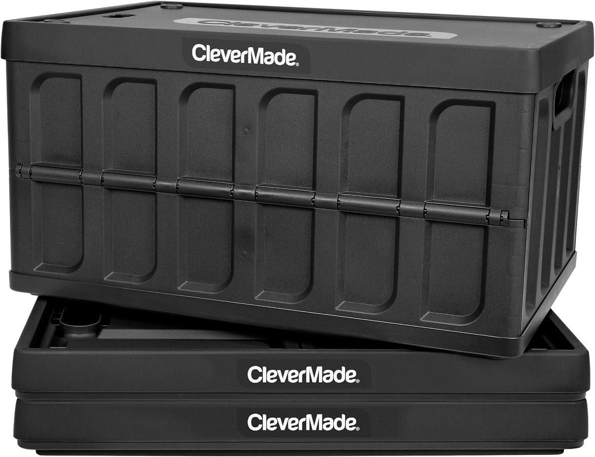 CleverMade - Contenedores de almacenamiento plegables con tapas, 62 litros, paquete de 3, 100 libras, obsidiana