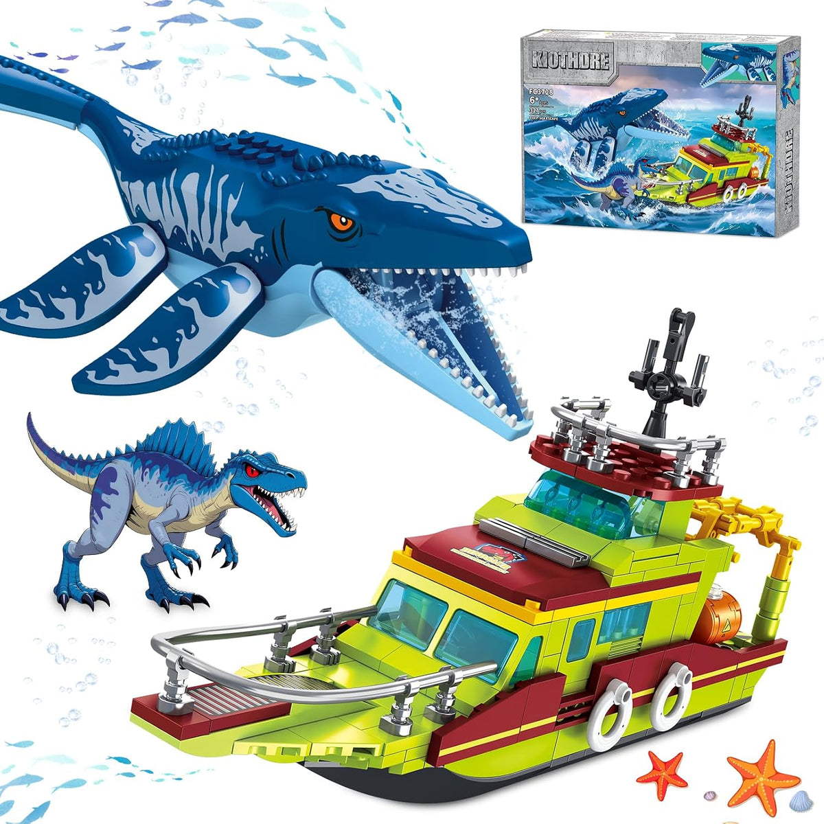 kiothdre Juego de construcción de dinosaurios Ocean Explorer 3 en 1 compatible con Dinosaur Park World, Barco Ciudad y Mosasaurus Spinosaurus Dino Toys con articulaciones móvil, juguetes para niños de 6 a 12 años