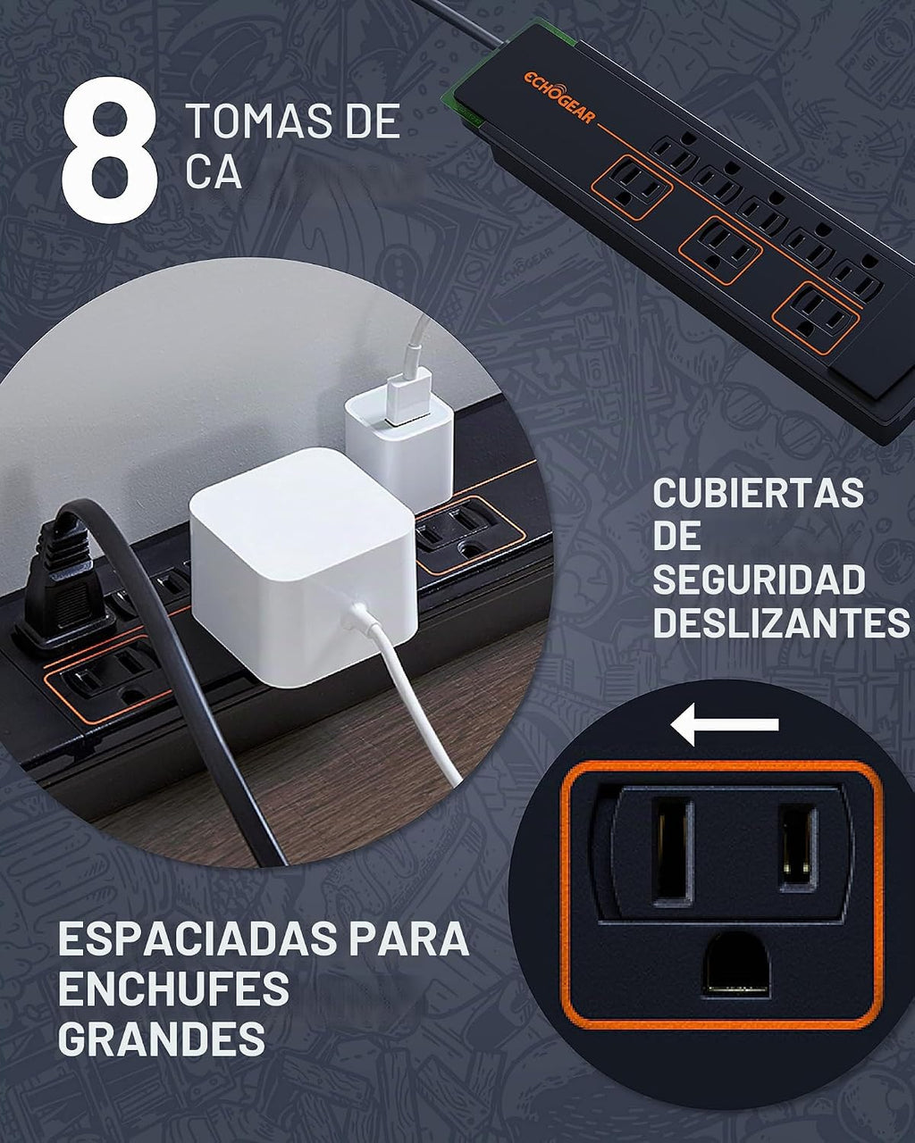 ECHOGEAR ShockBlocker Regleta de Protección contra Sobretensiones de 8 Tomas - Diseño Delgado Puede Alimentar y Proteger Toda tu Configuración de TV, Oficina o Juegos - Supresor de Sobretensiones