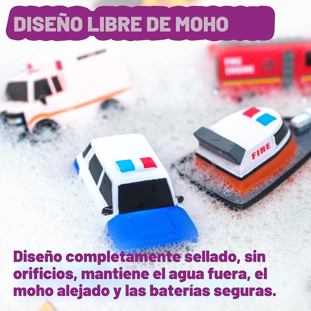 Tub Works® Emergency™ Cars - Juguetes de baño iluminados, paquete de 12 | Juguetes iluminados activados por agua que parpadean y cambian de color | Juguetes de baño para bebés y niños pequeños de fácil agarre | Juguetes sensoriales con luces de baño para