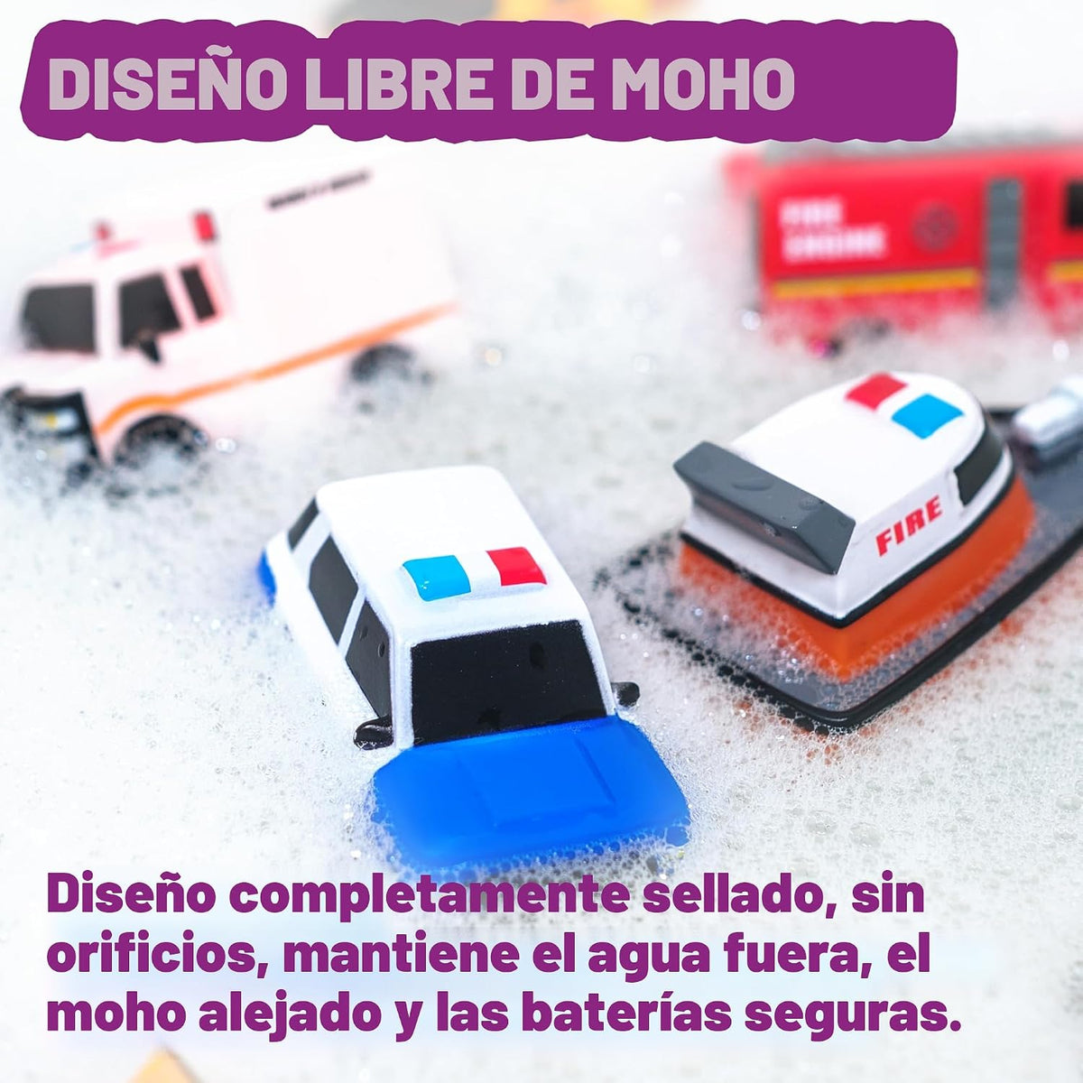 Tub Works® Emergency™ Cars - Juguetes de baño iluminados, paquete de 12 | Juguetes iluminados activados por agua que parpadean y cambian de color | Juguetes de baño para bebés y niños pequeños de fácil agarre | Juguetes sensoriales con luces de baño para
