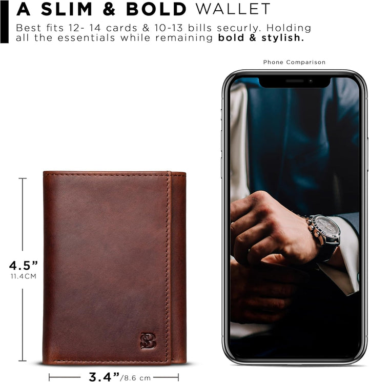 SERMAN BRANDS Billetera triple para hombre, piel auténtica con bloq...