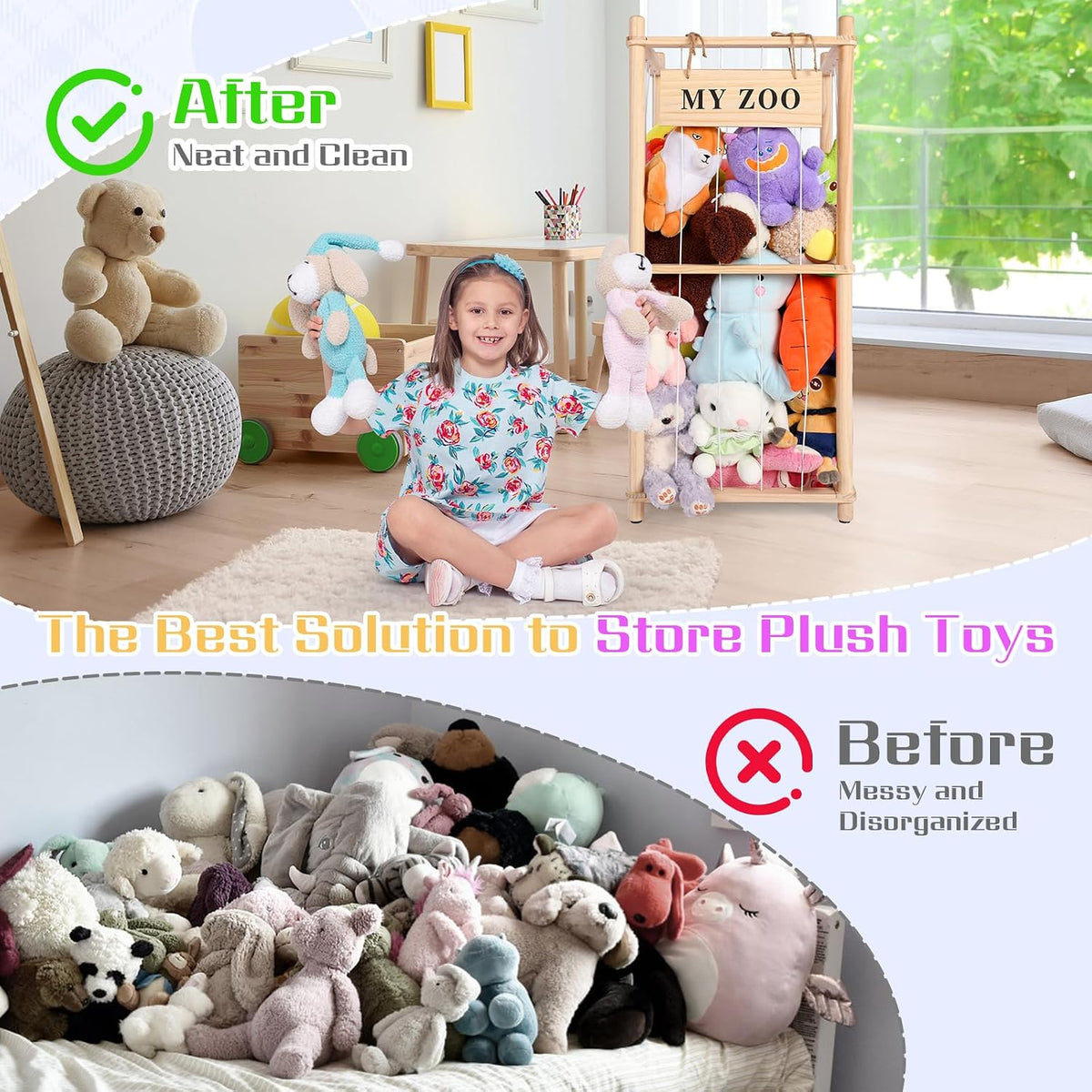 Almacenamiento de Animales de Peluche Zoo, Organizador de Animales de Peluche de Madera con Cuerdas Elásticas para Niños y Niñas, Soporte de Almacenamiento de Juguetes de Peluche que Ahorra