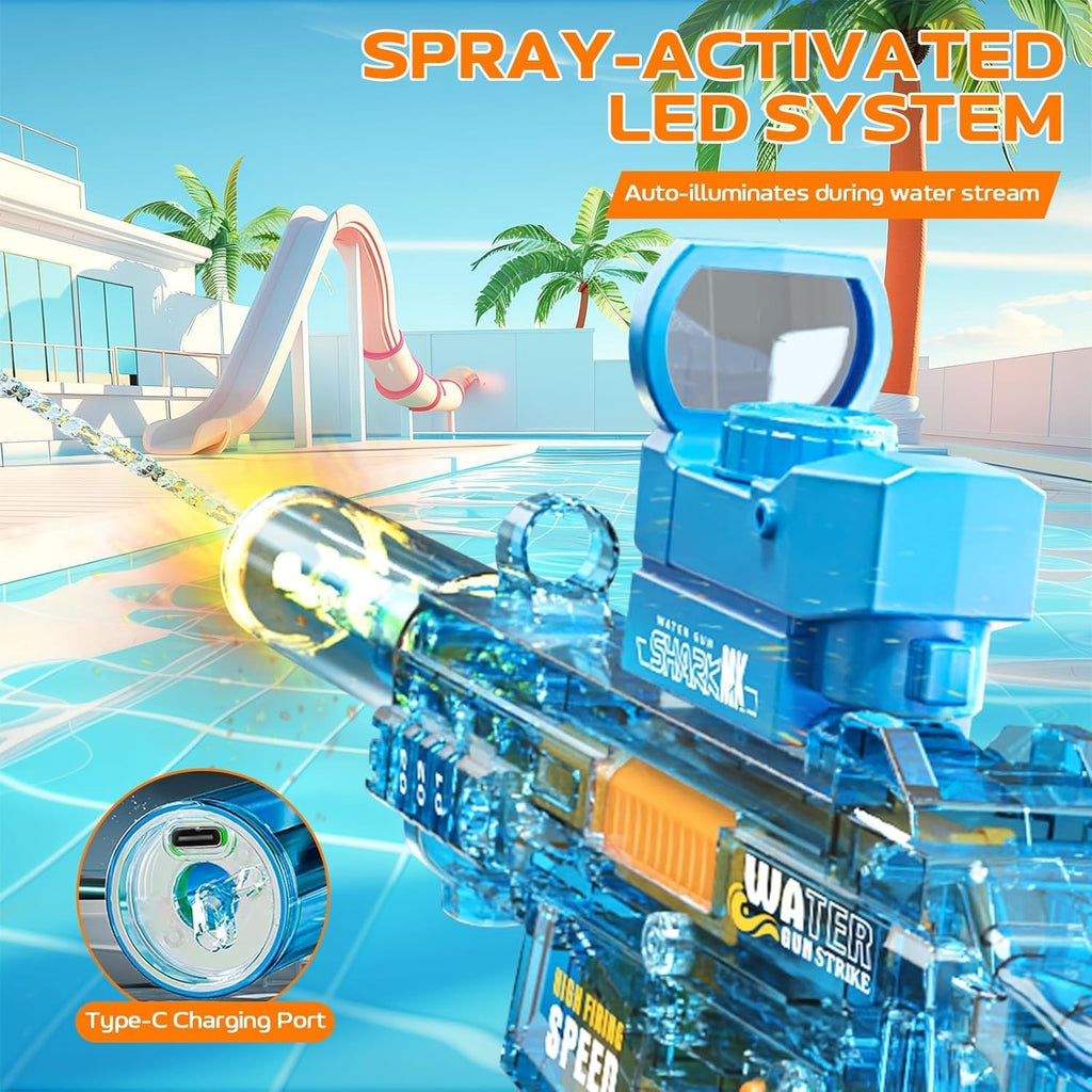 Pistola de agua eléctrica, adecuada para niños y adultos, tanque de agua de gran capacidad, luz LED con efecto de llama bozal, piscina al aire libre, juguete de batalla de playa (MP5-azul)