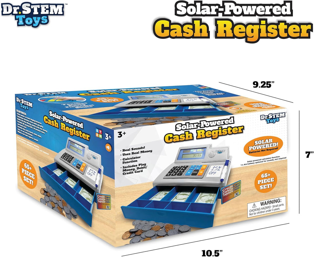 Calculadora solar con cajita registradora de juguete y dinero de juego – Set de 67 piezas para aprender habilidades de matemáticas, caja registradora STEM para niños (gris)