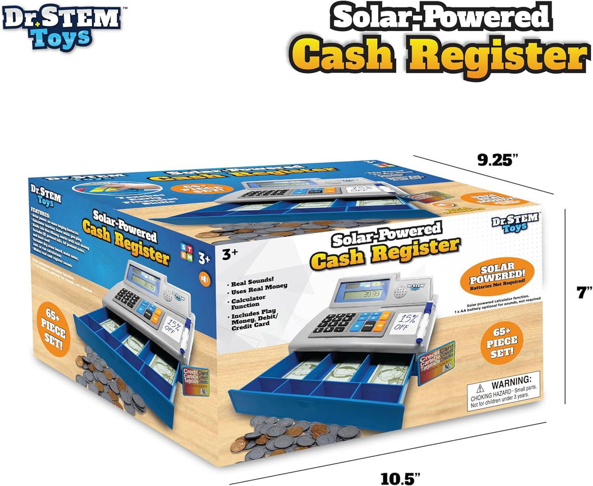 Calculadora solar con cajita registradora de juguete y dinero de juego – Set de 67 piezas para aprender habilidades de matemáticas, caja registradora STEM para niños (gris)