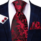 Hi-Tie - Juego de 3 piezas para hombre, incluye corbata, pañuelo de bolsillo, gemelos y pin de solapa, colección de corbata de seda