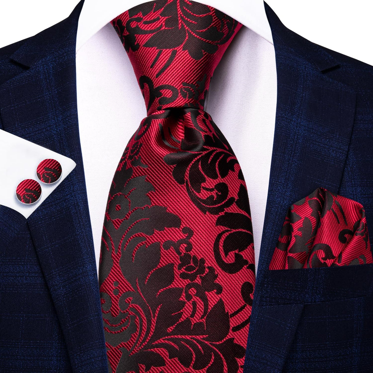 Hi-Tie - Juego de 3 piezas para hombre, incluye corbata, pañuelo de bolsillo, gemelos y pin de solapa, colección de corbata de seda