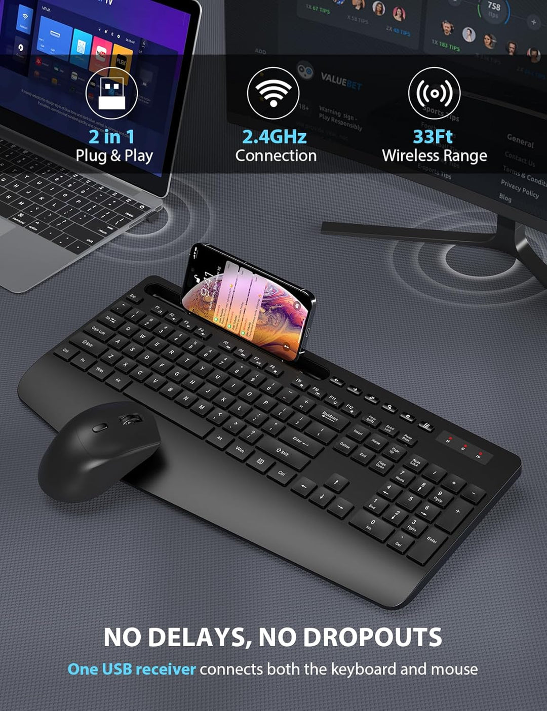 Combo de teclado y mouse inalámbrico - Teclado ergonómico de tamaño...
